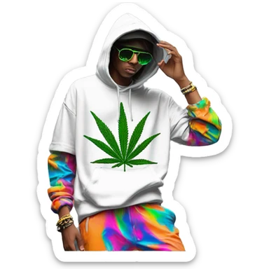 Hemp leaves Multicoloured neon person smoking wearing hoodie dancing hip hop bucket hat tropical Skater fashion aesthetic baggy clothes graphic t shirt 420 sticker