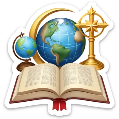 An icon featuring religious symbols like a cross, crescent moon, and star, alongside an open book, symbolizing the study of religion. The design includes a globe and a temple in the background, representing global faith traditions and spiritual exploration. Transparent background sticker