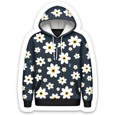 The BLACK Denim Tears Hoodie features a black base with distinctive white and black  open flower spots with empty space in the middle, These hollow ring-like patterns are scattered across. BLACK AND WHITE FLOWERS SPACED OUT FLOWERS AND NO DOTS sticker
