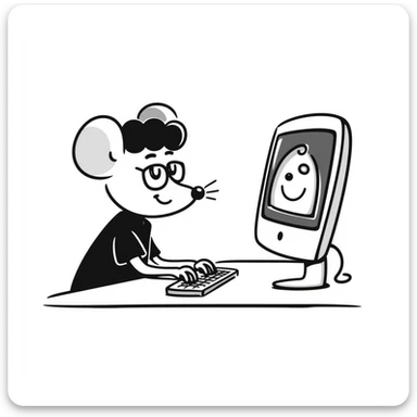 cute mouse wearing glasses using a computer, hand drawn doodle style sticker