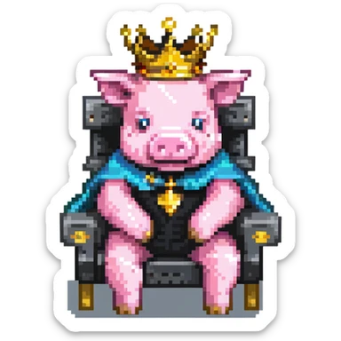 ultra-minimal pixel art pig with a golden crown sitting on a throne, blocky and square like Minecraft, inspired by Technoblade sticker
