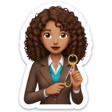 Dark brown lady with medium brown mid length curly hair in real estate job with house and keys sticker