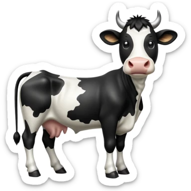 cinematic-[cow]-realistic-full-body-standing-emoji,-tail-flicking-lazily,-head-tilted-dramatically,-sleek-[black and white]-fur,-simplified-yet-realistic-focused-features,-highly-detailed,-glowing-with-an-almost-sarcastic-glow sticker