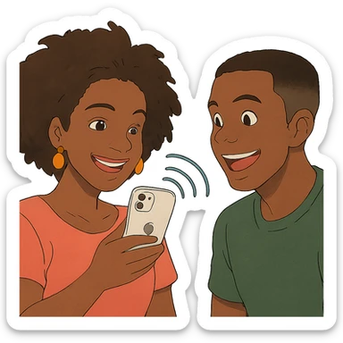 ghibli style Afro-Caribbean woman smiling, holding iPhone, sending footage to a Black man with a skin fade, both smiling sticker