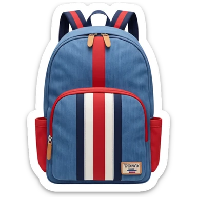 denim backpack with bold red, white, and navy vertical stripes, minimal and flat design, front view, inspired by Tommy Jeans style."
 sticker