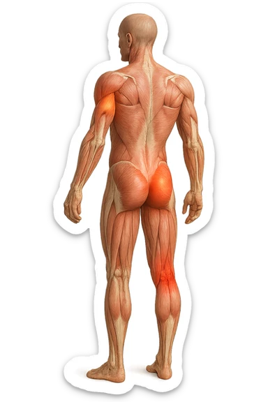 CORPO UMANO ANATOMICO A FIGURA INTERA REALISTICO DI SPALLE CON DOLORE ALLA LOMBARE INFIAMMATA, DOLORE ALL'ANCA, IPERREALISTICO 4K sticker