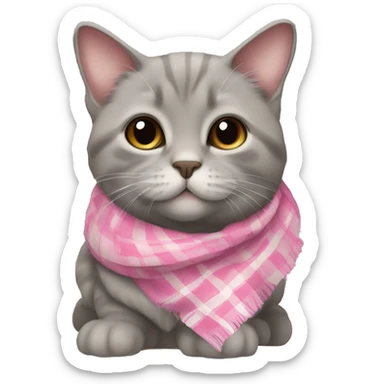 Gray Scottish lop-eared cat in a pink plaid scarf sticker