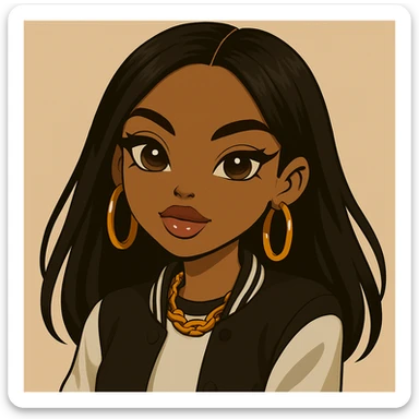 Remove the wink, keep both eyes open with a sassy attitude, headshot only, 20-year-old anime Bratz style woman with dark skin, straight hair, trendy streetwear, big expressive eyes, glossy lips, no hat, no tears, confident and playful expression, in anime Bratz style. sticker