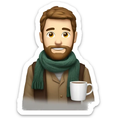 white male with brown mullet and beard with raised eyebrow and scarf holding mug sticker