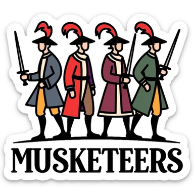 Four musketeers with feathered hats and swords with the text "4 Musketeers" sticker