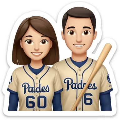 *White* Smiling couple. Woman has big cheeks and a lot of freckles on the nose. long brown hair. Man has black and very short hair and prominent eyebrows with egipcian nose. Both are wearing “Los Padres” baseball jerseys and with a sign that says “Go Padres!” sticker