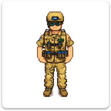 roblox military man, blocky style, desert camo uniform, tactical vest, holding binoculars, plain background sticker