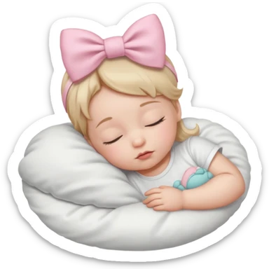 Sleeping baby with a white shirt. She's wearing a light pink bow on her head sticker