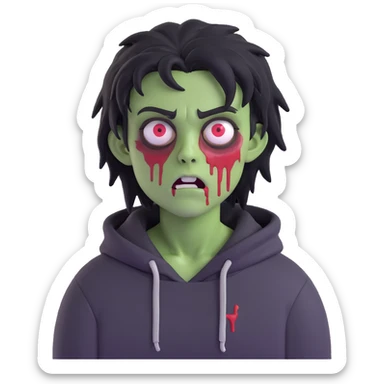 zombie with black messy hairstyle, tired face, bruises under the eyes, black hoodie sticker
