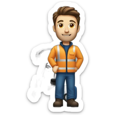 Forklift with a driver with brown hair and wearing a blue jacket, blue pants and black boots sticker