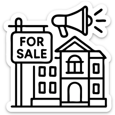 Ícono de real estate que refleje que tenemos un Marketing de lujo con Ejecución impecable, ya que las propiedades de nuestros clientes no solo se publican, sino que se les hace promoción activamente. Nuestro equipo especializado es experto en vender propiedades como lo hacen las marcas de lujo: con estrategia, estética y storytelling. sticker