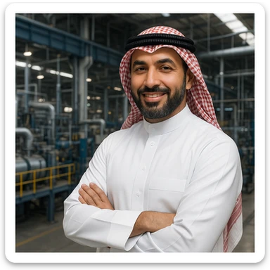an Arabian factory owner wearing traditional attire, confident and friendly expression, industrial background, modern style, suitable for branding sticker