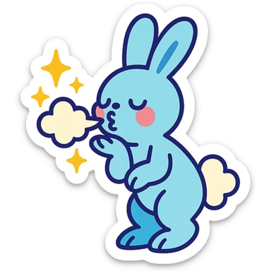 full-body pastel blue bunny with cloud, blowing a kiss with sparkles, vibrant-toon style sticker