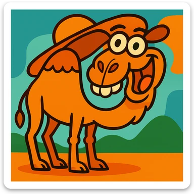 Put a silly oversized sun hat on the whimsical camel, keeping the vibrant cartoon style. sticker