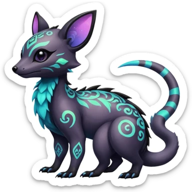 Rare neon iridescent white exotic cute epic aesthetic gothic colorful Salandit-Eevee-Civet-species-Fakemon-hybrid-creature, with intricate tattoo markings, full body sticker