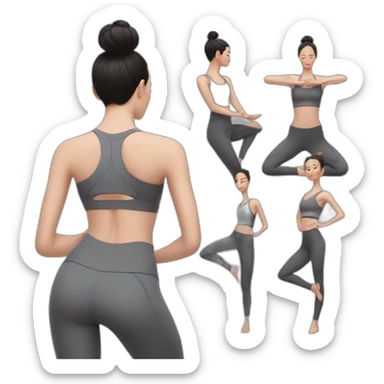 Pale skinned fit woman In a gray tight yoga suit and wristbands With black hair in a bun doing yoga sticker