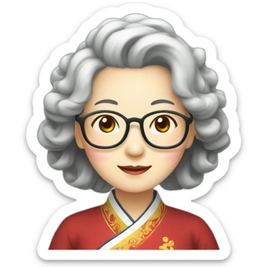 Chinese seniors lady wear glasses has wavy long hair wear Chinese traditional dress show appreciation sign sticker