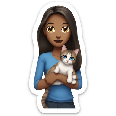 Woman with dark long hair, pink lips and blue eyes holding a tabby cat  sticker