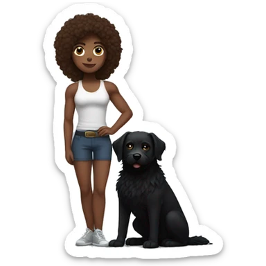 Long brown haired muscular woman holding fluffy black dog sticker