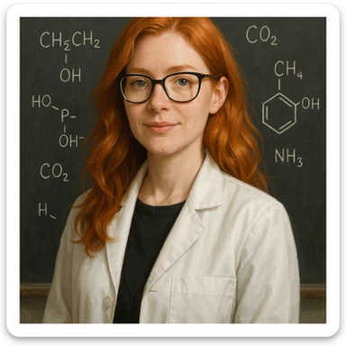 red-haired female chemistry professor wearing white lab coat and glasses, blackboard background with chemical formulas, semi-realistic style sticker