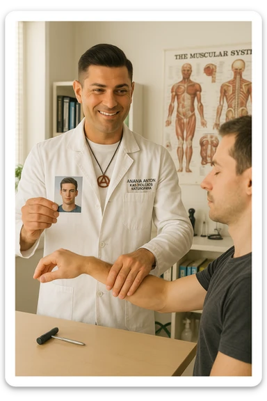 a middle-aged man, dressed in casual professional attire, is in a bright, organized therapy studio. Durante una visita di kinesiologia, il ragazzo tiene con una mano la foto di una persona lontana (il “testimone”) tiene la foto in mano, mentre con l’altra mano esegue un test muscolare su un cliente presente senza foto. Sullo sfondo si vedono libri di kinesiologia, poster anatomici e strumenti tipici della disciplina. L’atmosfera è concentrata e serena, con luce naturale che entra dalla finestra, sottolineando l’aspetto alternativo e umano della pratica. sticker