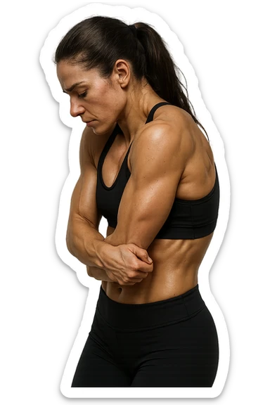 DONNA FITNESS DI PROFILO CON POSTURA CHIUSA E SPALLE IN AVANTI,  iperrealistico 4k sticker