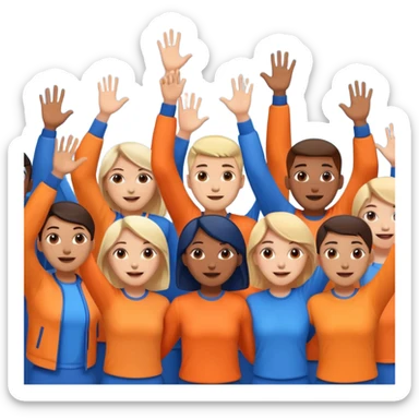A cheering crowd within a circle of shades of orange and blue sticker