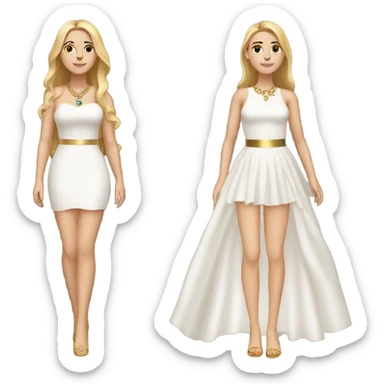 do a white girl with dark long and straight honey hair dark eyes and gold jewelry, full body legs arms and a white dress sticker
