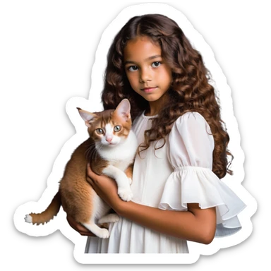 beautiful girl with curly long brown hair wearing a white dress holding an Abyssinian cat with reddish-brown fur in her arms sticker