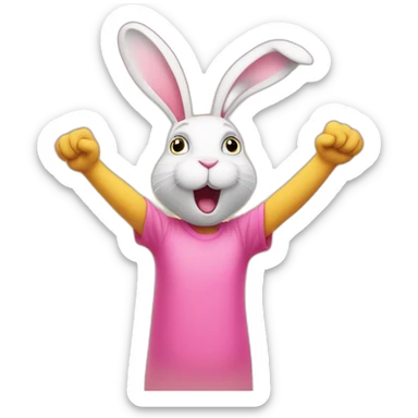 confused pink rabbit in yellow teeshirt raising arms sticker