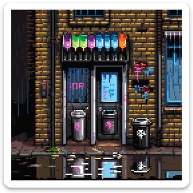 Pixel art background in side-scrolling view, inspired by classic Sega fighting games. Dark urban street in front of an old brick building, with graffiti, broken windows, metal door, trash cans, flickering neon sign, and a streetlamp. Gritty atmosphere, nighttime, subtle rain puddles on the ground. sticker