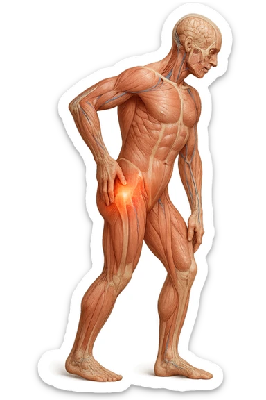 CORPO UMANO ANATOMICO DI PROFILO A FIGURA INTERA REALISTICO CHE SI TOCCA L'ANCA INFIAMMATA, DOLORE ALL'ANCA, IPERREALISTICO 4K sticker