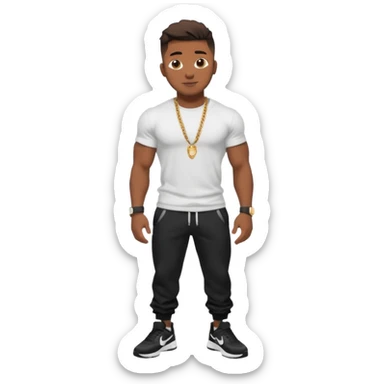 Handsome Black guy with brown skin tone, with muscular build, wearing black sweatpants, a white t-shirt, black Nike air max, a small chain, and a watch  sticker