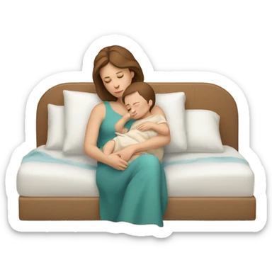  tired caucasian mother with brown hair holding sleeping baby sticker