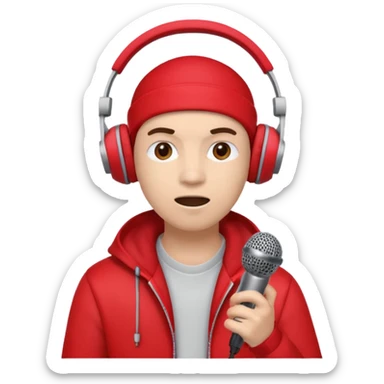 emoji de persona haciendo beatbox con un micrófono y unos audífonos rojos puestos sticker