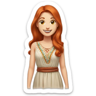redhead white woman medium long straight hair, greets smiling, wearing boho dress sticker