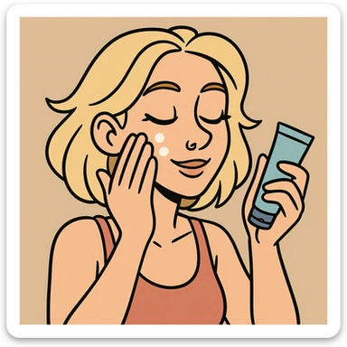 mulher loira com piercing no nariz aplicando skincare sticker