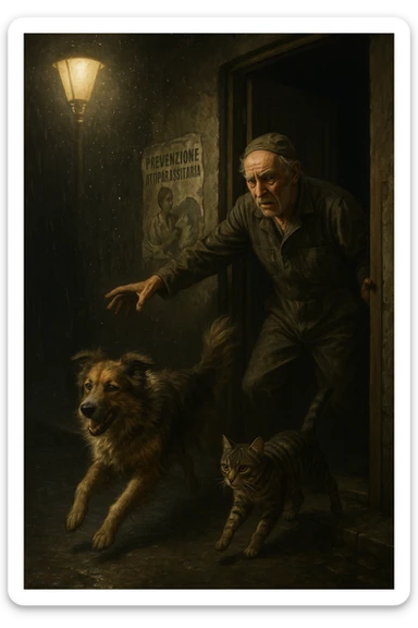 Un uomo anziano in tuta da lavoro, con espressione angosciata, tiene aperta la porta di casa mentre il suo cane (un meticcio a pelo lungo) e il gatto (soriano) scappano nella strada buia sotto la pioggia. Particelle di polvere/pulci fluttuano nell'aria illuminata dal lampione. Sullo sfondo, un poster strappato del veterinario con scritto 'Prevenzione antiparassitaria'. Stile fotorealistico, illuminazione Caravaggesca, toni grigi e ocra. in italiano sticker