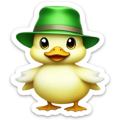 cute fluffy chubby baby duck with hand and wear green hat sticker