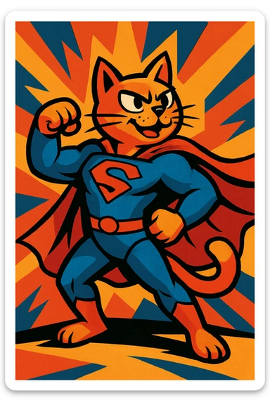cat superhero in blue and red suit with cape, comic book style, vibrant colors sticker
