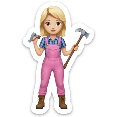 lumberjack blonde woman holding axe pink checked shirt and overalls sticker