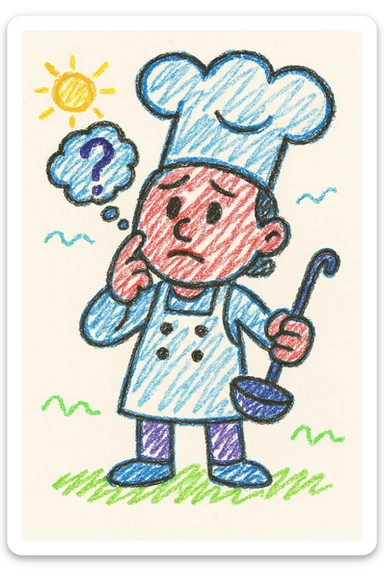 Convert to a children's doodle style emoji with a rounder, brighter color palette. The expression is a thinking chef, simple and cute style. sticker