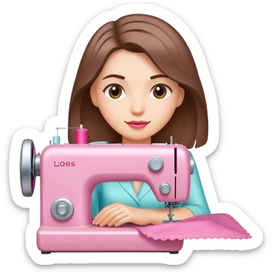 Mujer bonita cabello a la altura de hombros color chocolate claro costurera con máquina de coser rosada  sticker