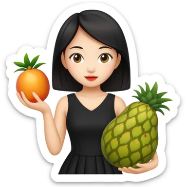 asian young woman in black dress with images of fruits on it sticker