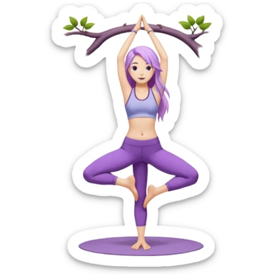 Девушка белокожая, с длинными светло-фиолетовыми волосами, в одежде для йоги, стоит в позе дерева, с правильными пропорциями sticker